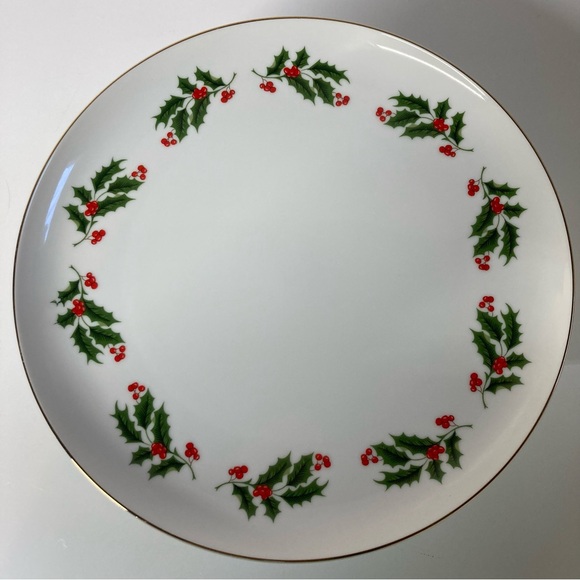 VTG Holiday Cake Stand Japanese Porcelain Pedestal Plate Holly & Berries Repair? - Picture 2 of 7